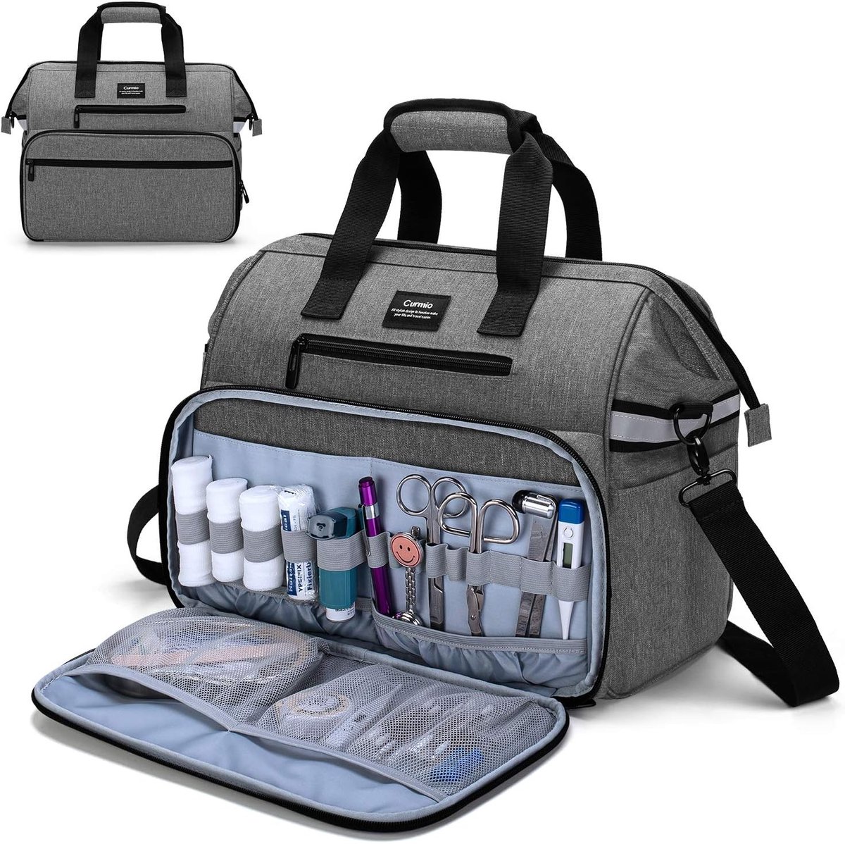 Medische tas voor verpleegkundigen met gewatteerde laptop sleeve, ideaal voor huisbezoeken, zorg en noodsituaties, geschikt voor artsen, verpleegkundigen en fysiotherapeuten, grijs, met afneembare schouderbanden en reflecterende strap