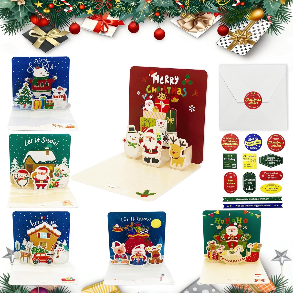3D Kerstkaarten 6 Stuks - Pop-up Kaarten 10x10cm - Kerstwensen Schrijven - Verras Kinderen en Familie - ShopVlot