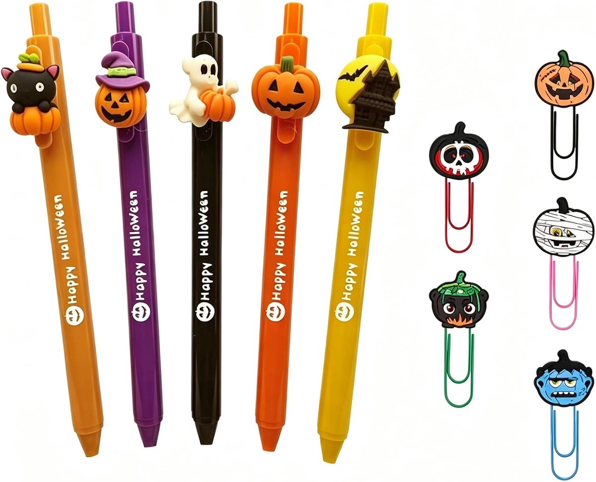 Halloween-cadeautje, uitwisbare gelpennen, inkt, 5 balpennen en bladwijzers, Halloween-cadeau, schrijfset met pompoen - ShopVlot