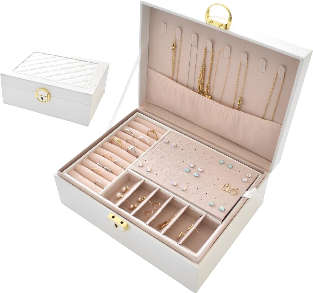 Jewellery Box Leather Lockable Women Pink Girls Jewelry Storage Travel White Rectangular Small Jewellery Box Black - ShopVlot