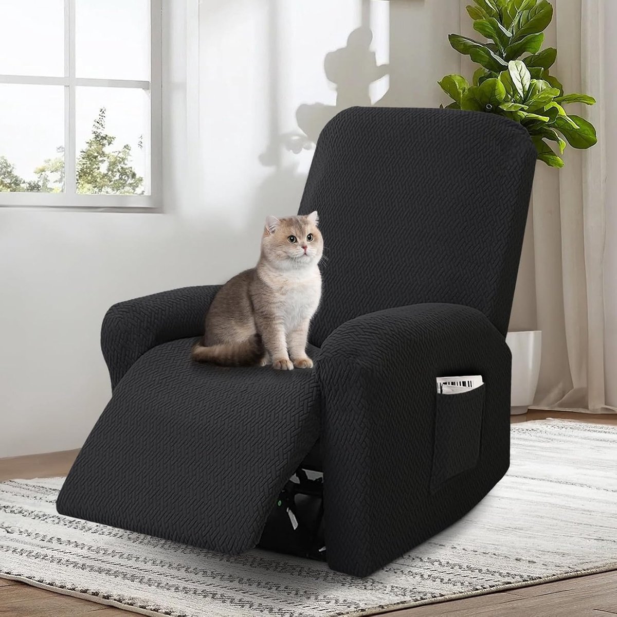 4-Piece Electric Recliner Chair, Stretchy, 1-Seater, Seat Protector with Armrest Protectors and Bag (Black) - ShopVlot