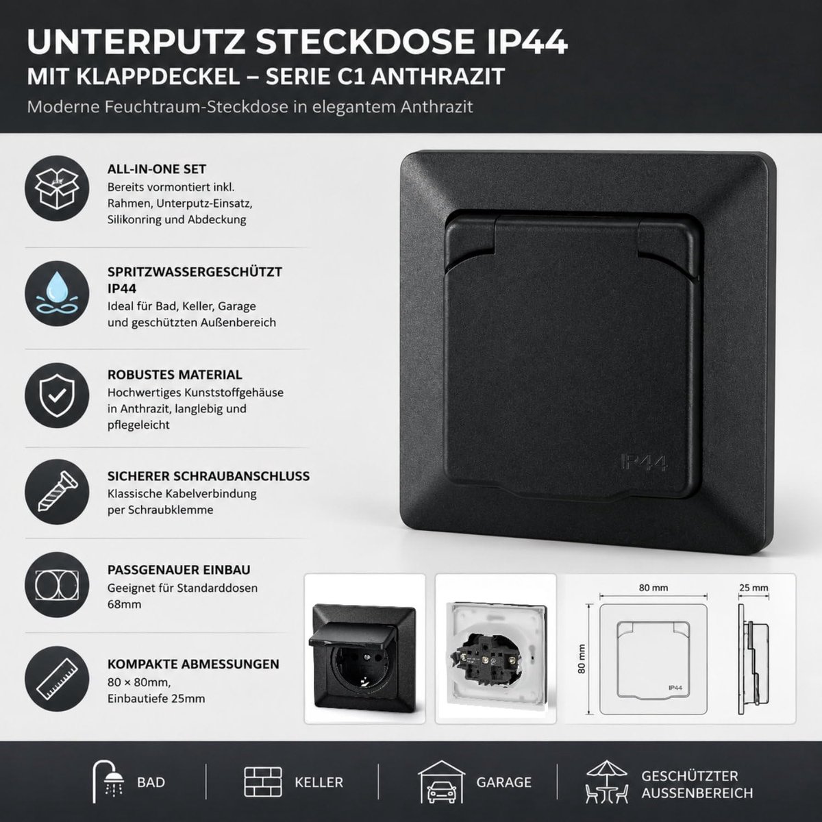 UP socket IP44 - All-in-One - C1 anthracite - ShopVlot