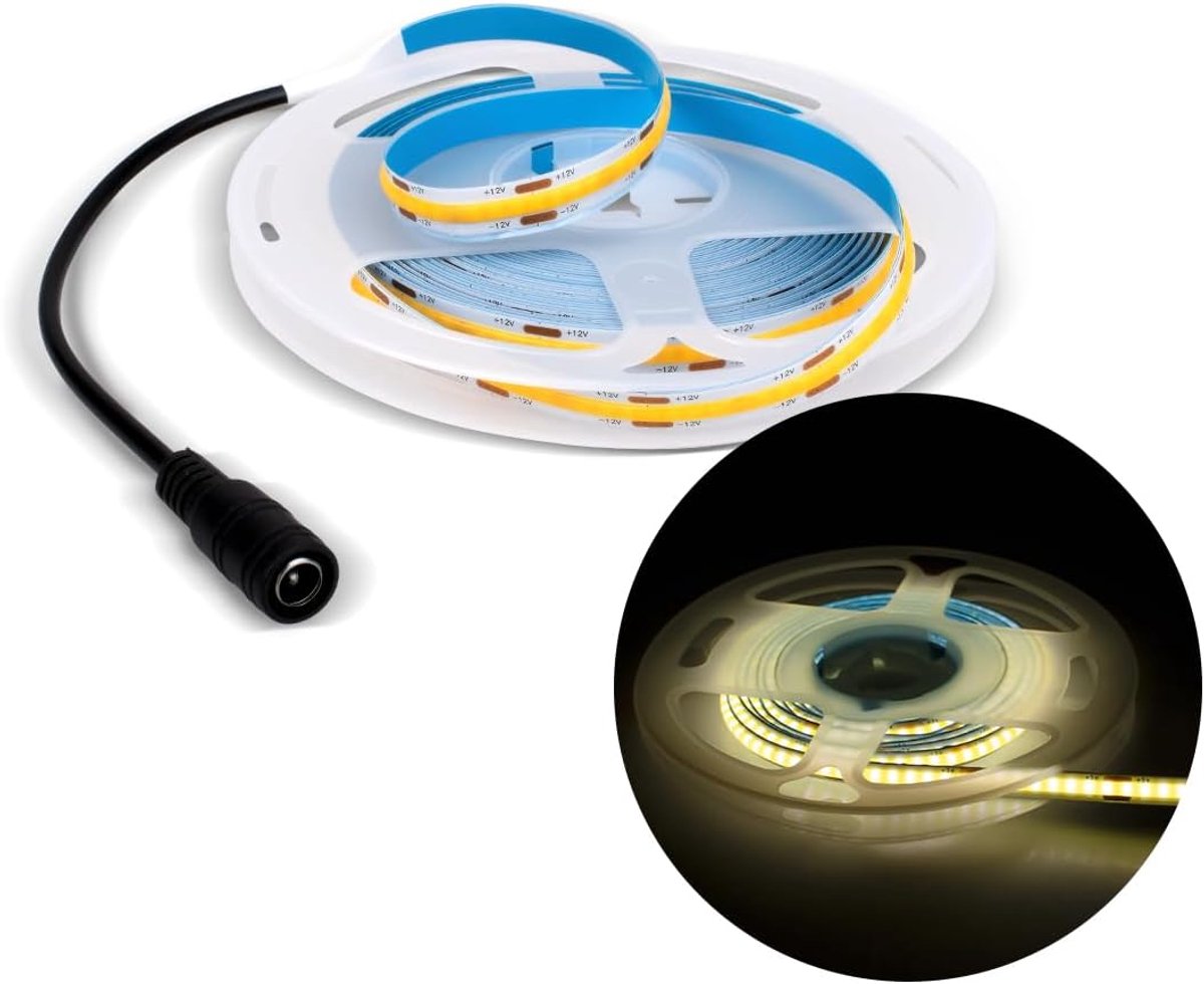 5M COB LED Light Strip, 8mm Width 12V 4000K 320LEDs/m Light Strip with DC Connector - ShopVlot