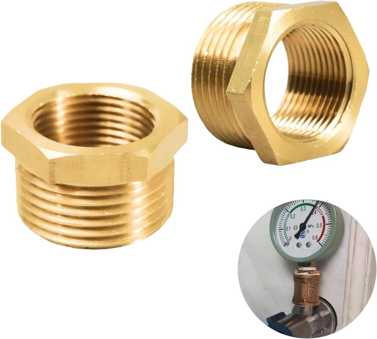 2pcs Brass Reducer 1 on 3/4 Inch Adapter (AG Ø 33mm x IG Ø 25 = 6mm), 1 inch male thread to 3/4 inch female thread - ShopVlot