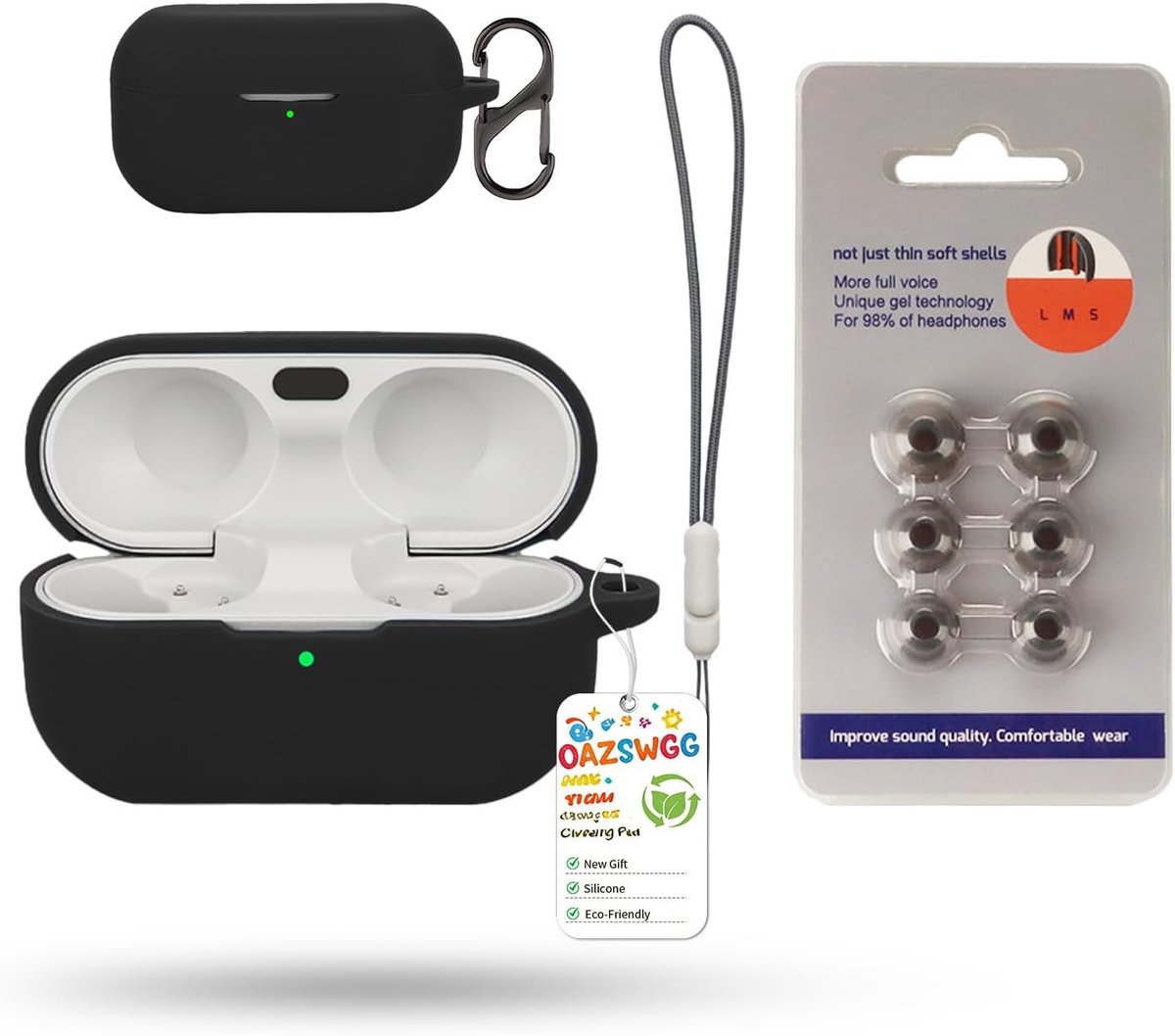 Black Silicone Case for Technics EAH-AZ100 / EAH-AZ100E-S/EAH-AZ100E-K Headphones with S/M/L Earbud Carabiner and - ShopVlot