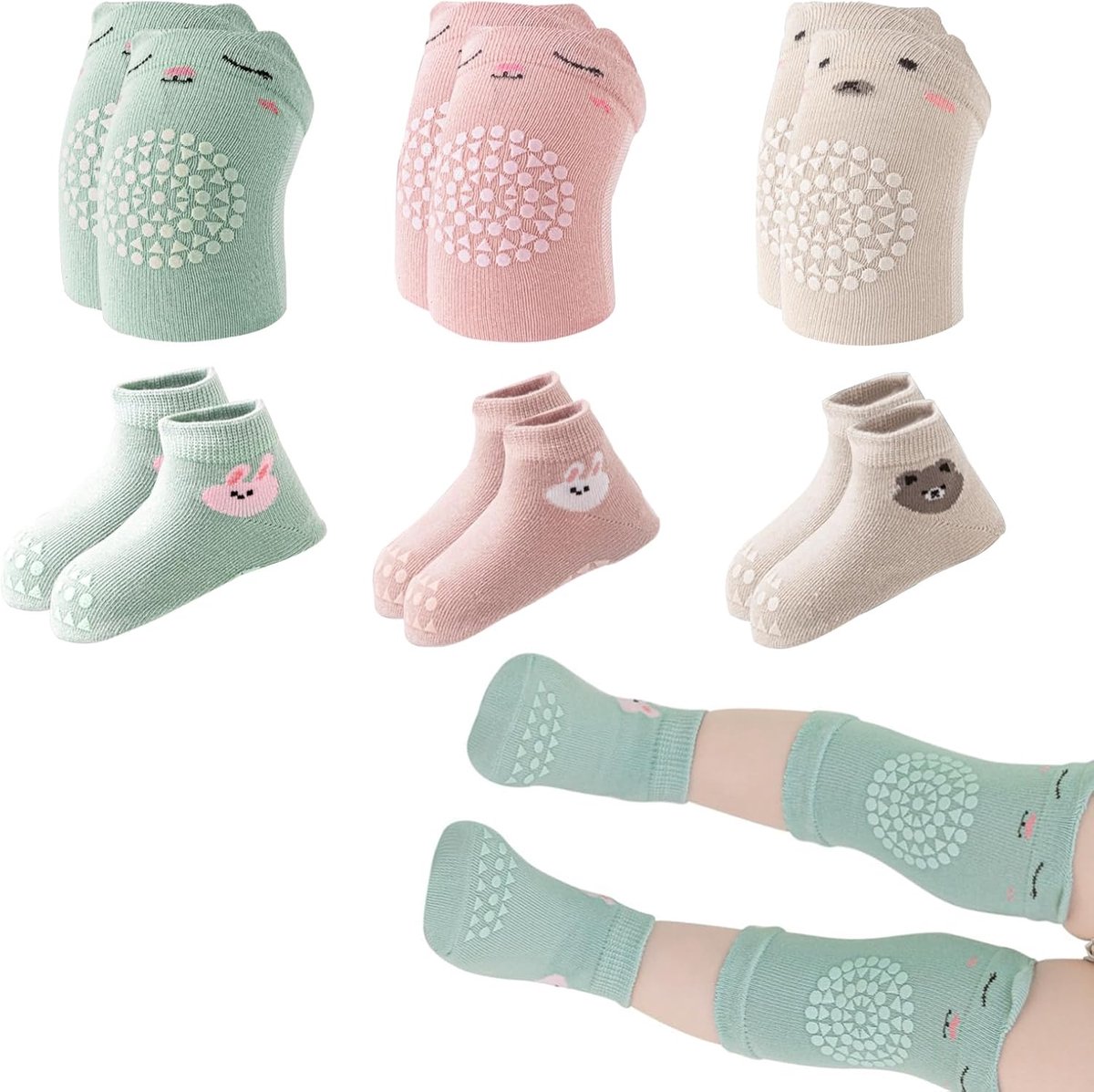 Little World Gateo Baby Knee Pads 3 Pairs Non-Slip Socks and Knee Pads for Toddlers Unisex Pink Green Khaki - ShopVlot