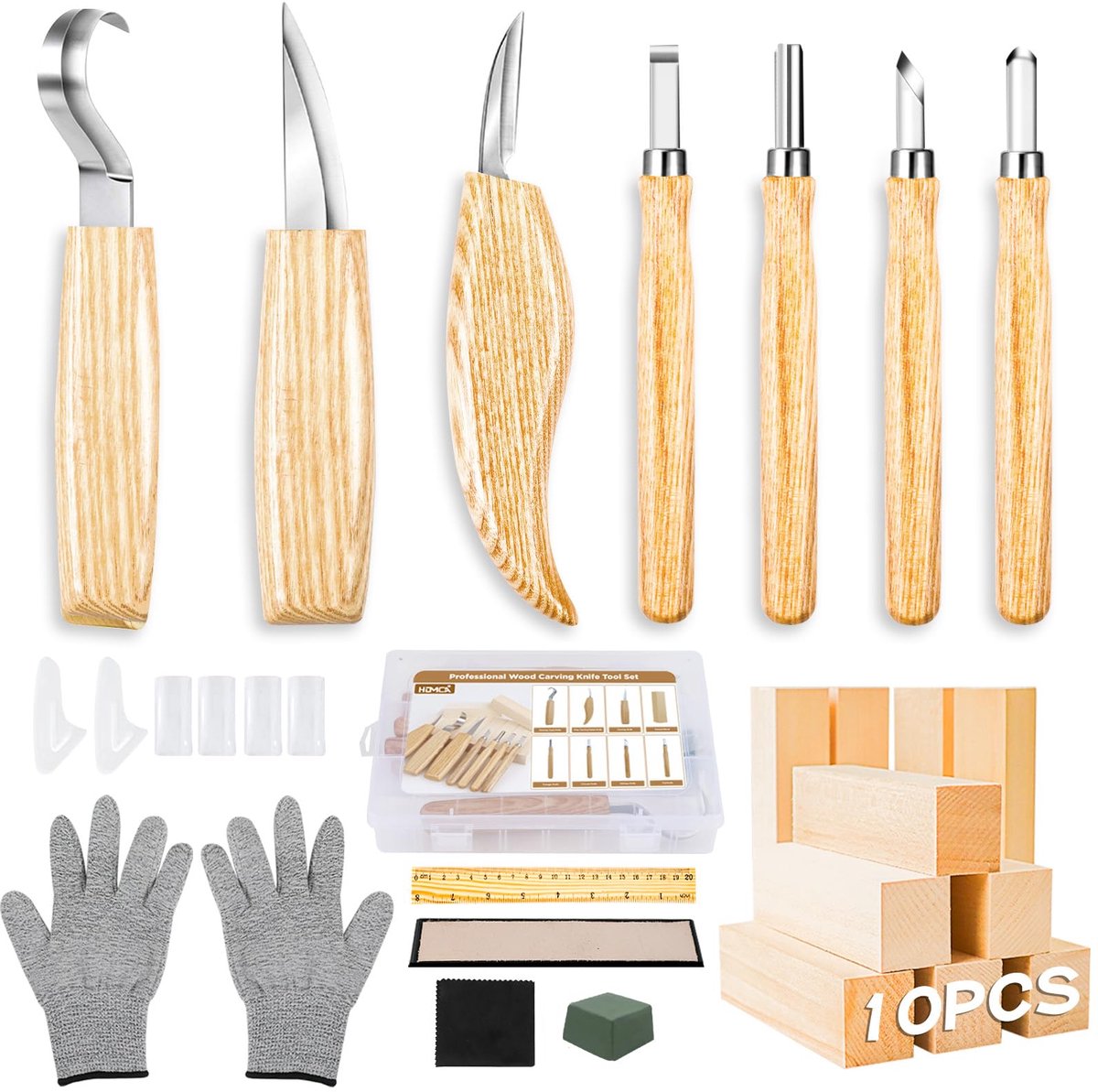 Houtsnijwerk Set 23 Delig - Houtbewerkingsgereedschap met 7 Messen, Slijpsteen en Snijbestendige Handschoenen - DIY Carving Set voor Beginners en Professionals