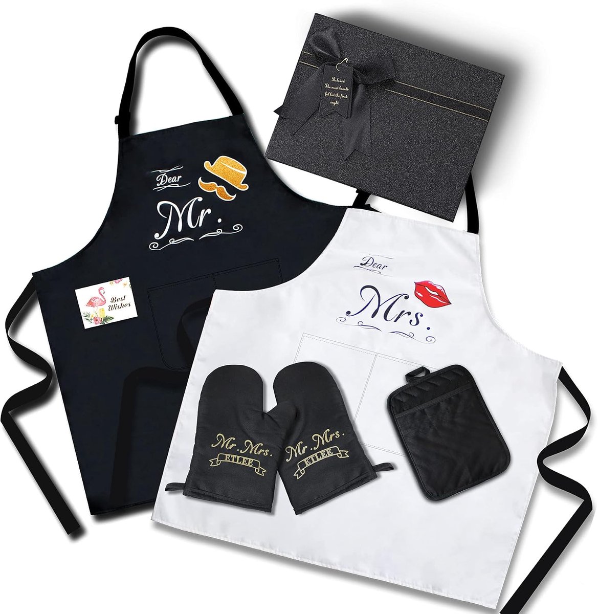 Mr & Mrs Kitchen Apron, Cooking Apron with Adjustable Neck Bracket and 2 Pockets, Can Be Used for Barbecue Evenings of - ShopVlot