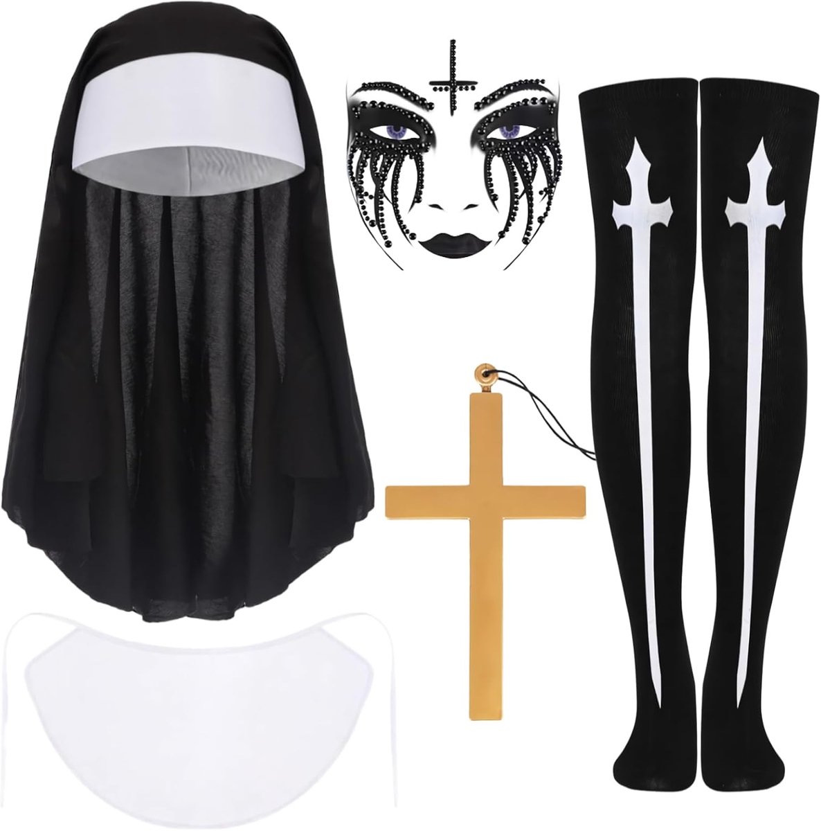 Nonnecostume for women, 6 pieces costume non accessories with non headgear, collar, cross chain, tattoo glitter stone - ShopVlot
