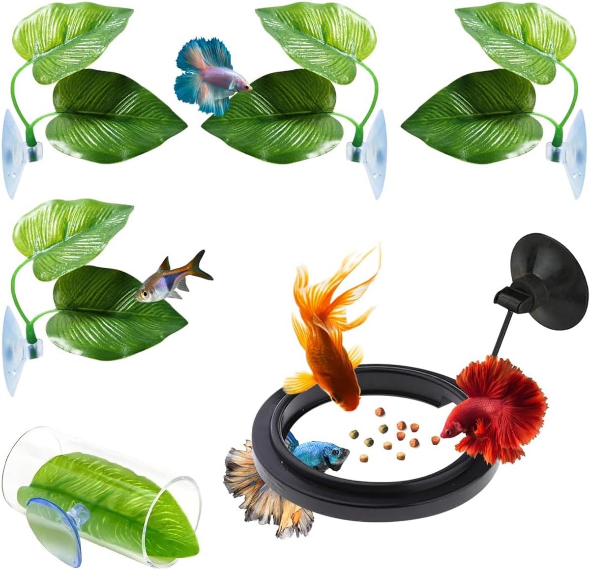 6 Pcs Aquarium Decoration,Betta Aquarium Accessories,Betta Fish Leaf Pad Fish Feeding Ring Betta Fish Acrylic Tube - ShopVlot
