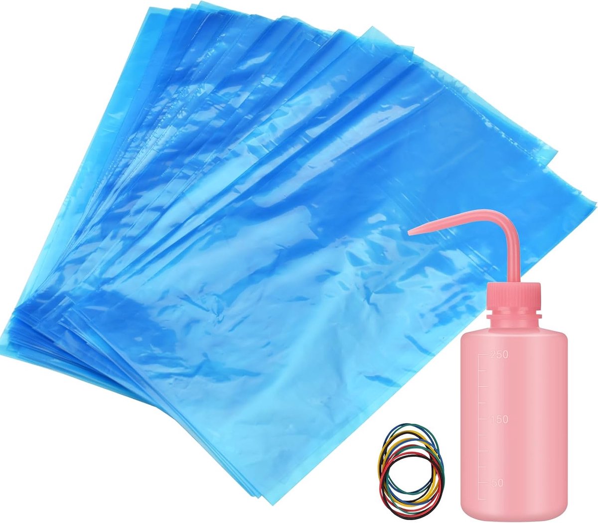 ATOMUS 100 stuks Tattoo Fles Zakken & Covers 15x25.6cm, 250ml Blauw LDPE Squeeze Wash Flessen met 250ml Lab Fles - ShopVlot