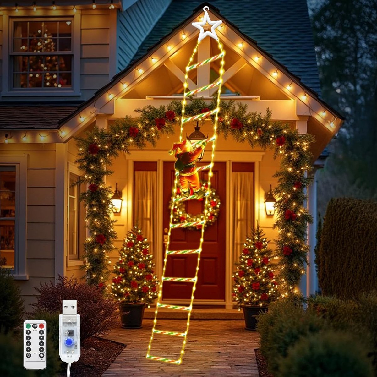 LED Santa Claus Fairy Lights, 3 m, 240 LEDs, Santa Claus on Ladder, Outdoor Fairy Lights with 8 Modes, IP65 - ShopVlot