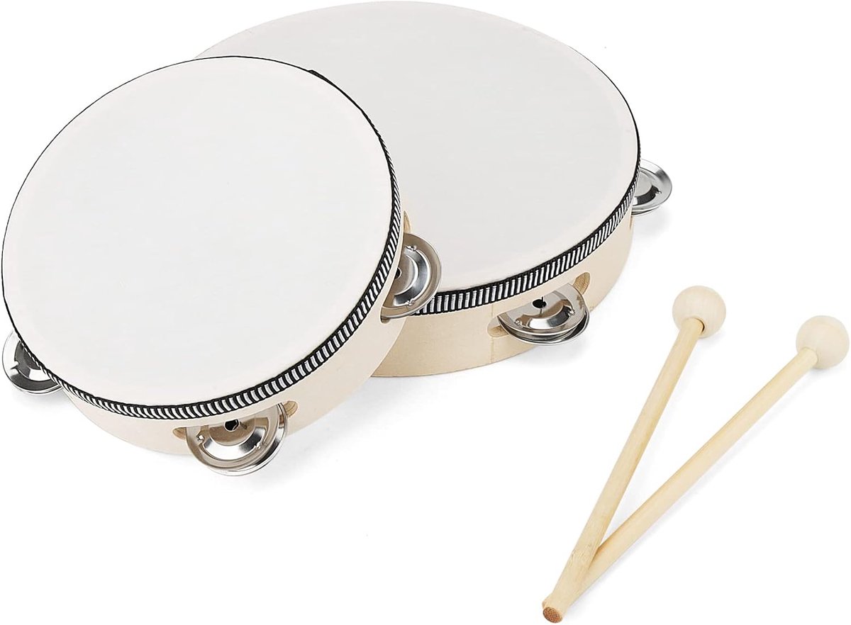 Tambourine set 2 stuks - houten handtrommel 15 cm en 20 cm - authentiek geluid - ideaal voor ritme oefeningen - ShopVlot