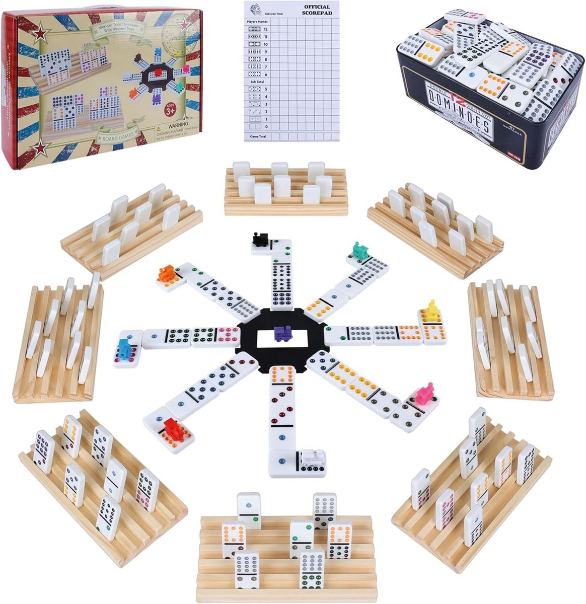 Mexicaanse Trein-Dominosteen Set - Houten Onderzetters met Houder - Dubbel 12 Domino Spel in Metalen Doos - Voor Kinderen en Volwassenen