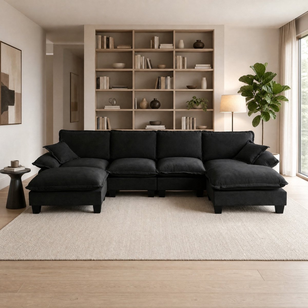 DESMIU Bank - U-Bank 6-Zits - Modulaire Hoekbank Met Verplaatsbare Ottomanen En Zachte Bekleding - Voor Woonkamer En Appartement - Stof - Zwart
