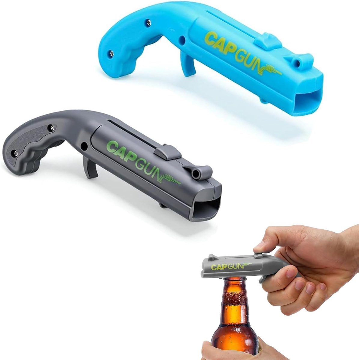 Flesopener en bierflesopener 2-in-1 - blauw en grijs - grappig met dekselwerper - perfect voor feestjes - ShopVlot