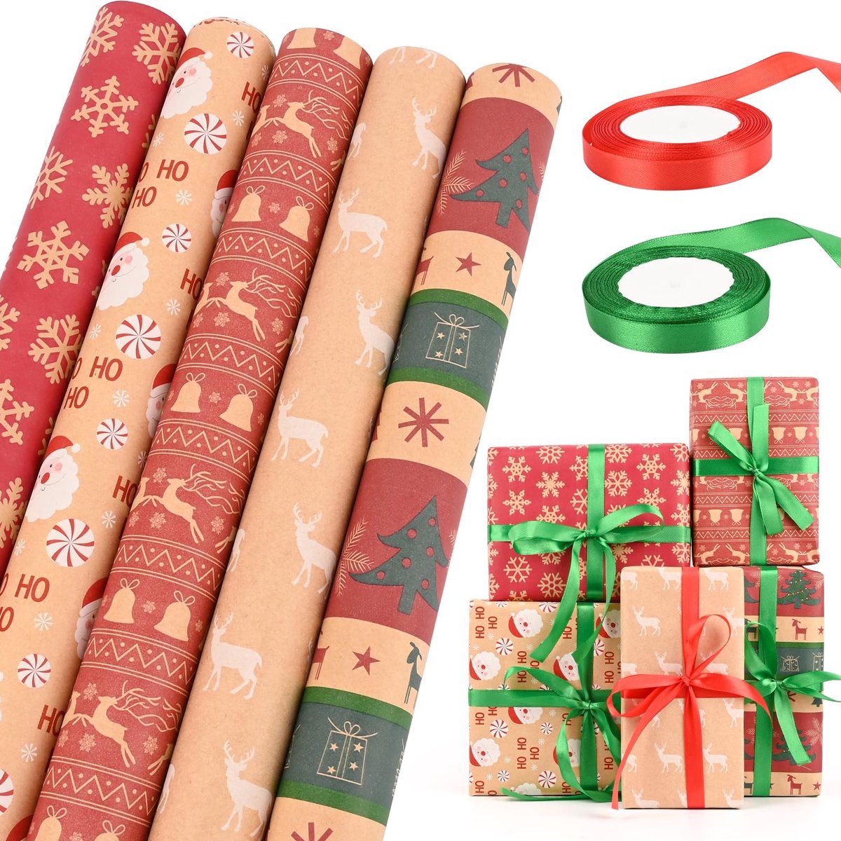 Solidchoice - Set van 5 Rollen Kerst Cadeaupapier met Linten