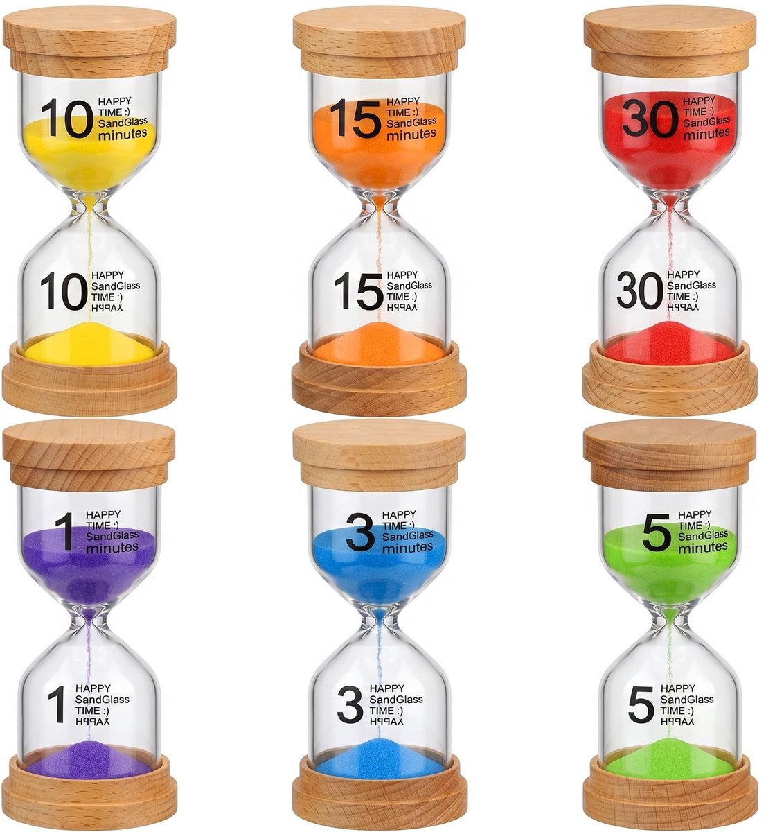 Solidchoice - Set van 6 Kleurige Zandlopers, 1 tot 30 Minuten, Perfect voor Keuken en Kids