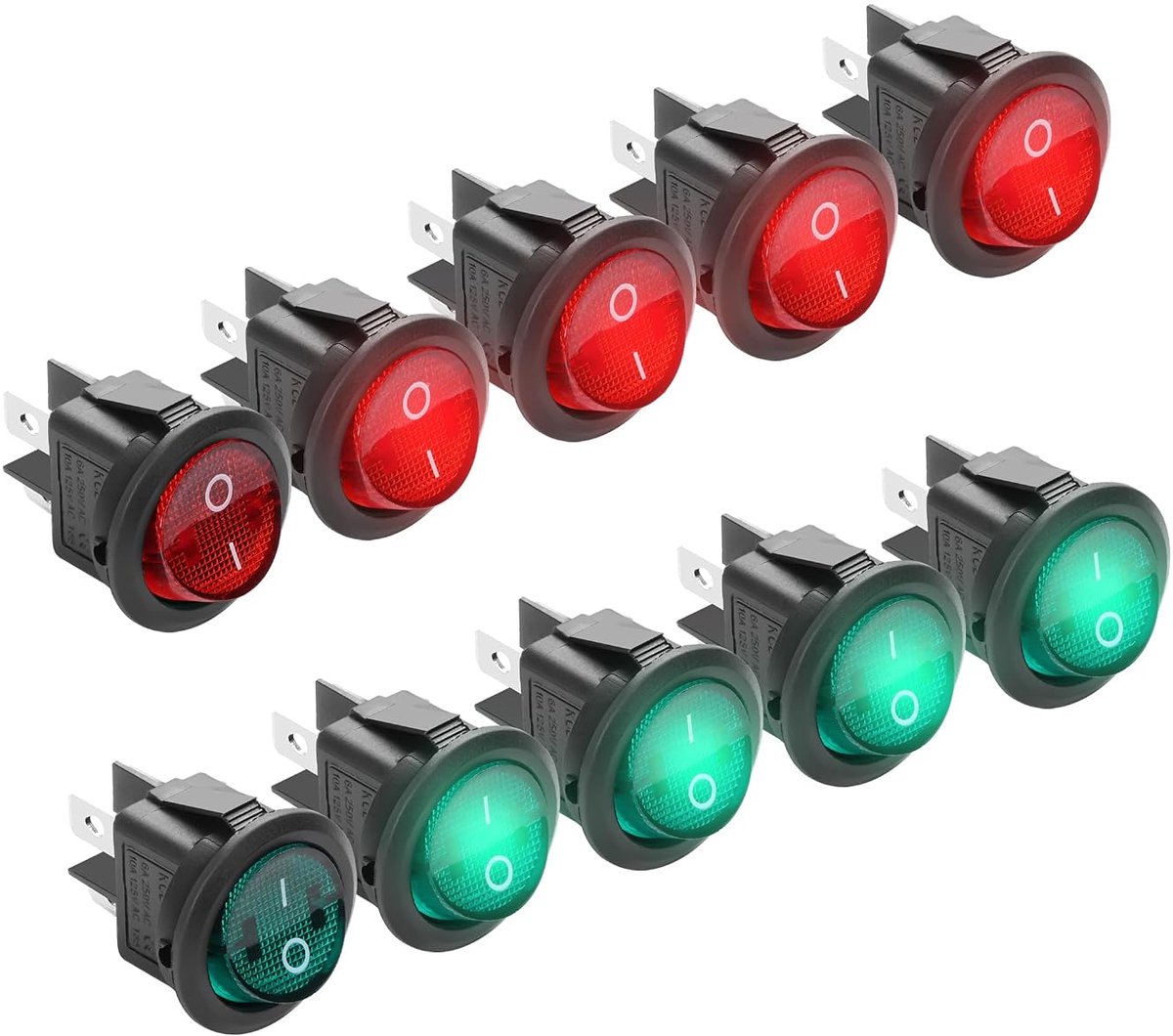 Ronde rocker switch 10-pack - On/Off schakelaar - 230 V, 4 polig - Met rode en groene verlichting - ShopVlot