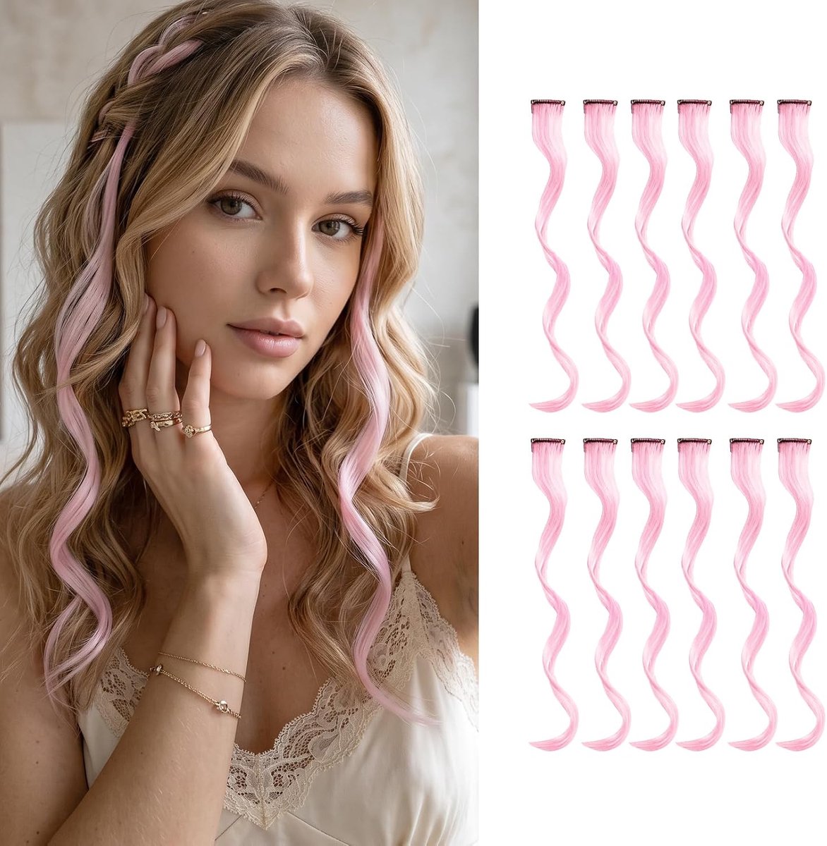 Clip-In Haarextensions 12 Stuks - Recht - Lichtroze - Perfect voor Feesten - ShopVlot