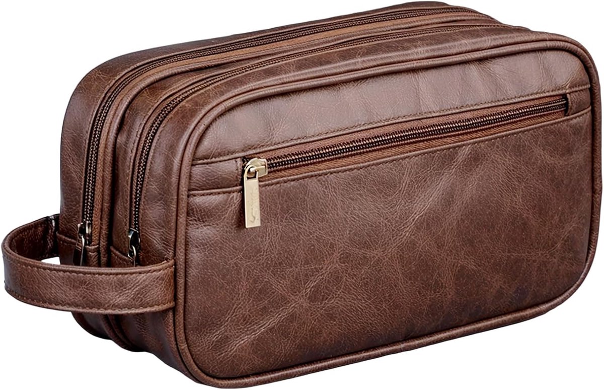 Toilettas voor heren 35x20x5 cm - bruin leer - retro stijl - ideaal voor reizen - ShopVlot