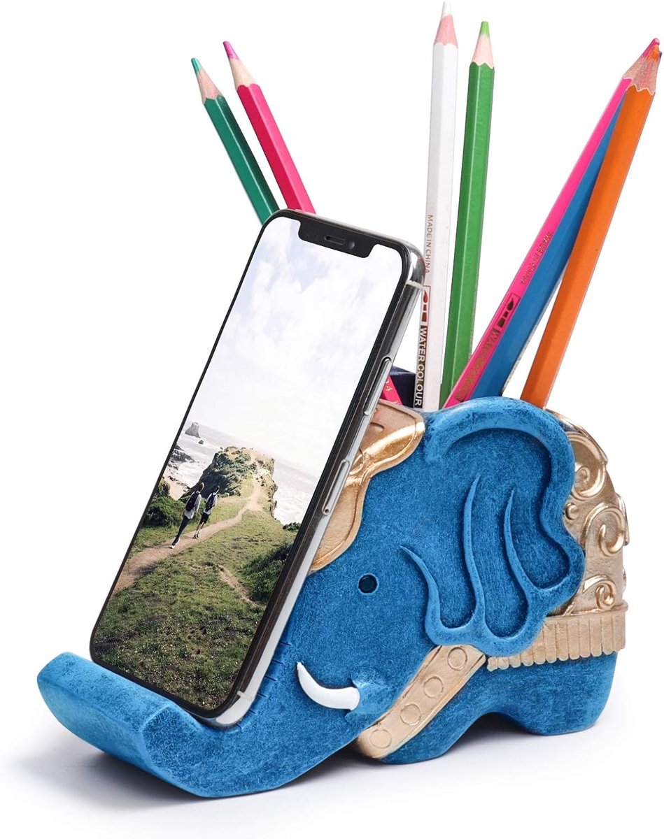 Pennenhouder met telefoonstandaard - Schattige olifant - Luxe resin decoratie - Perfect voor bureau - ShopVlot