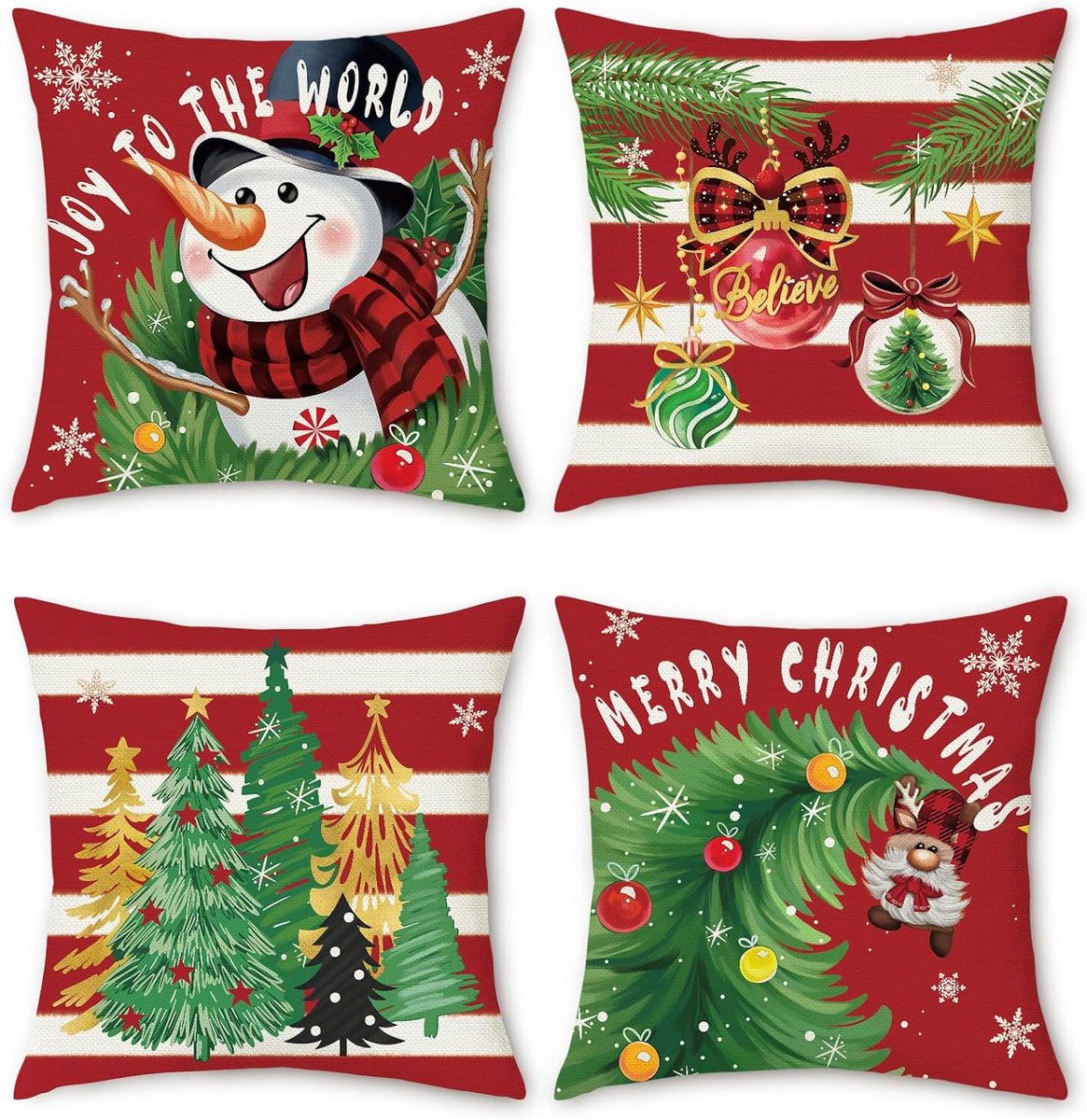 Kussensloop Kerst 45 x 45 cm - Polyester Linnen - Rode sneeuwman en kerstbomen - Gezellige winterdecoratie - ShopVlot