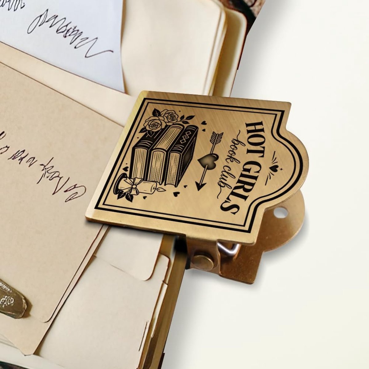 Reisnotitieboekje clip - messing - vintage boek- en roospatroon - sterke grip voor notities - ShopVlot