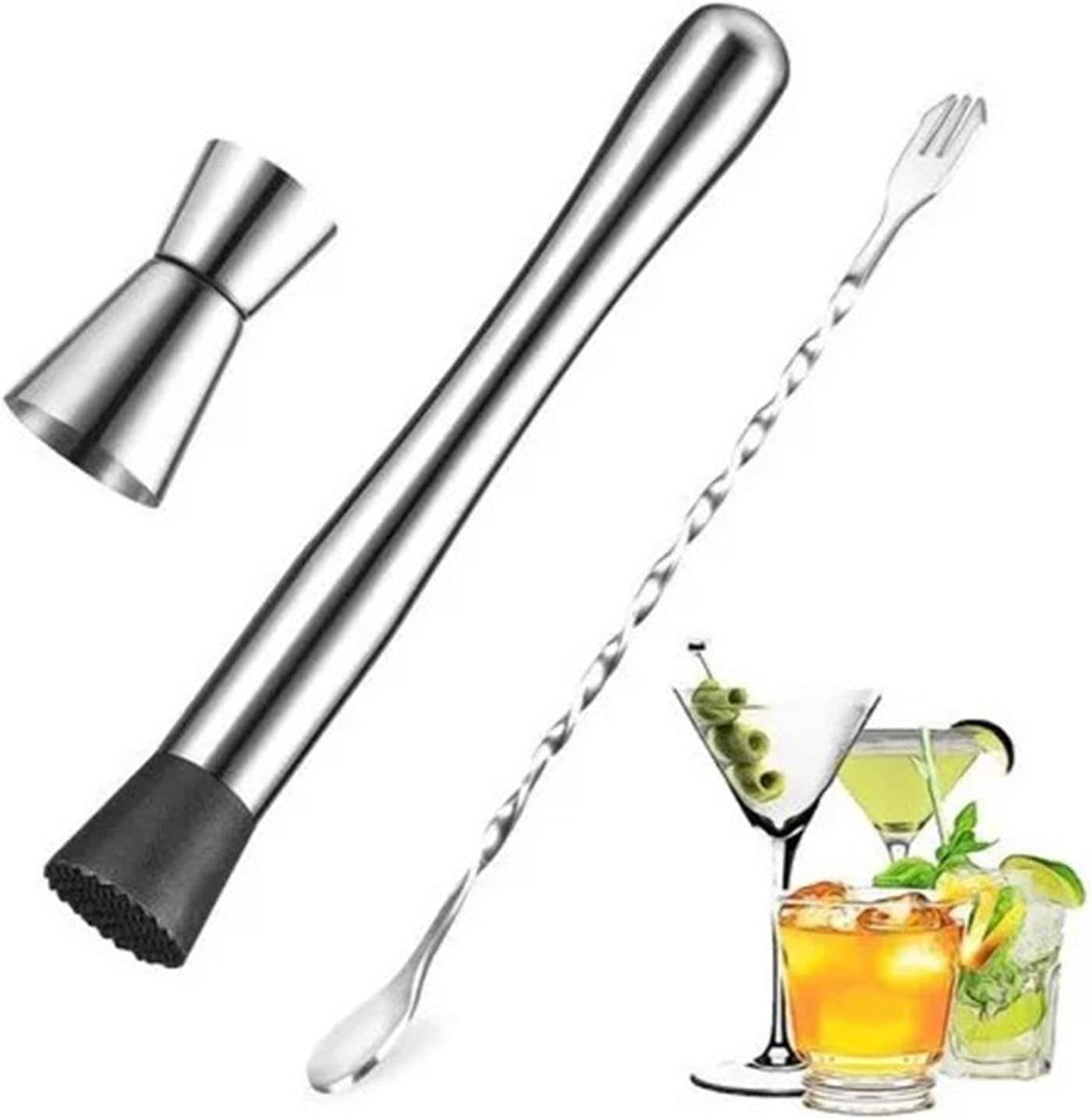 Cocktail barset 3-delig - roestvrij staal - mixlepel, maatbeker en muddler - perfect voor thuis - ShopVlot