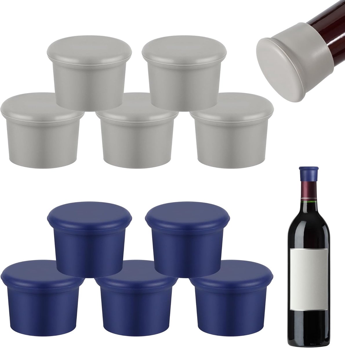 Silicone flesdoppen - 10 stuks - grijs/blauw - herbruikbaar - houdt drank vers - ShopVlot