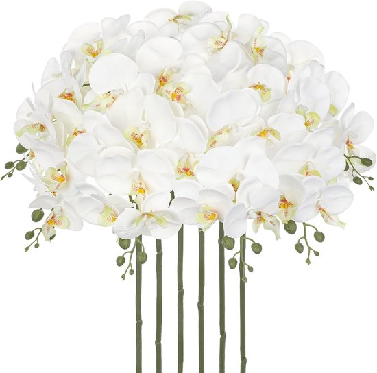 Set van 6 kunstorchideeën 69 cm - Real Touch Phalaenopsis - witte bloemen - decoratie voor vloervaas - ShopVlot