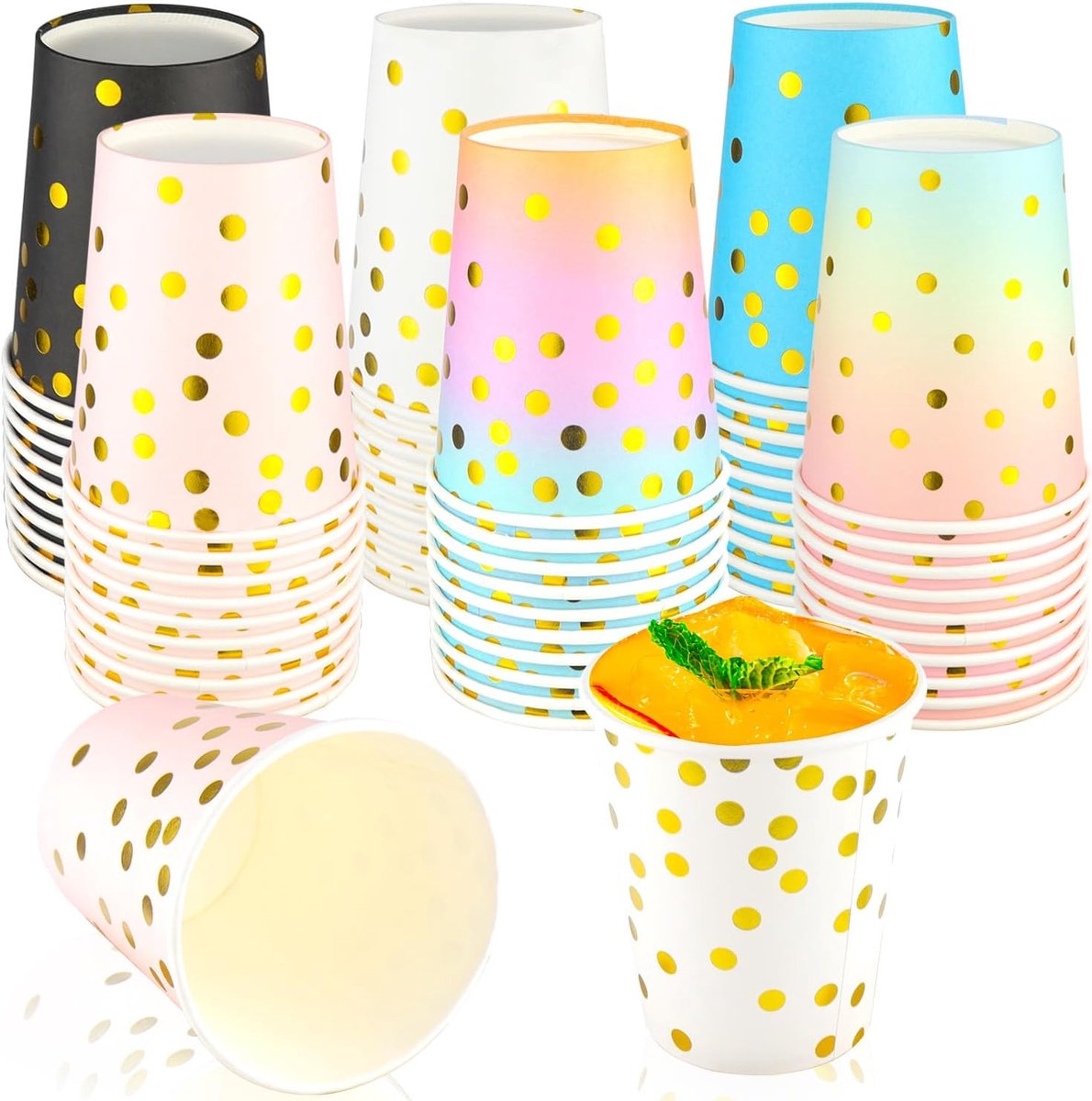 Papieren bekers 250 ml - kleurrijke disposable cups met gouden stippen - ideaal voor feestjes - ShopVlot