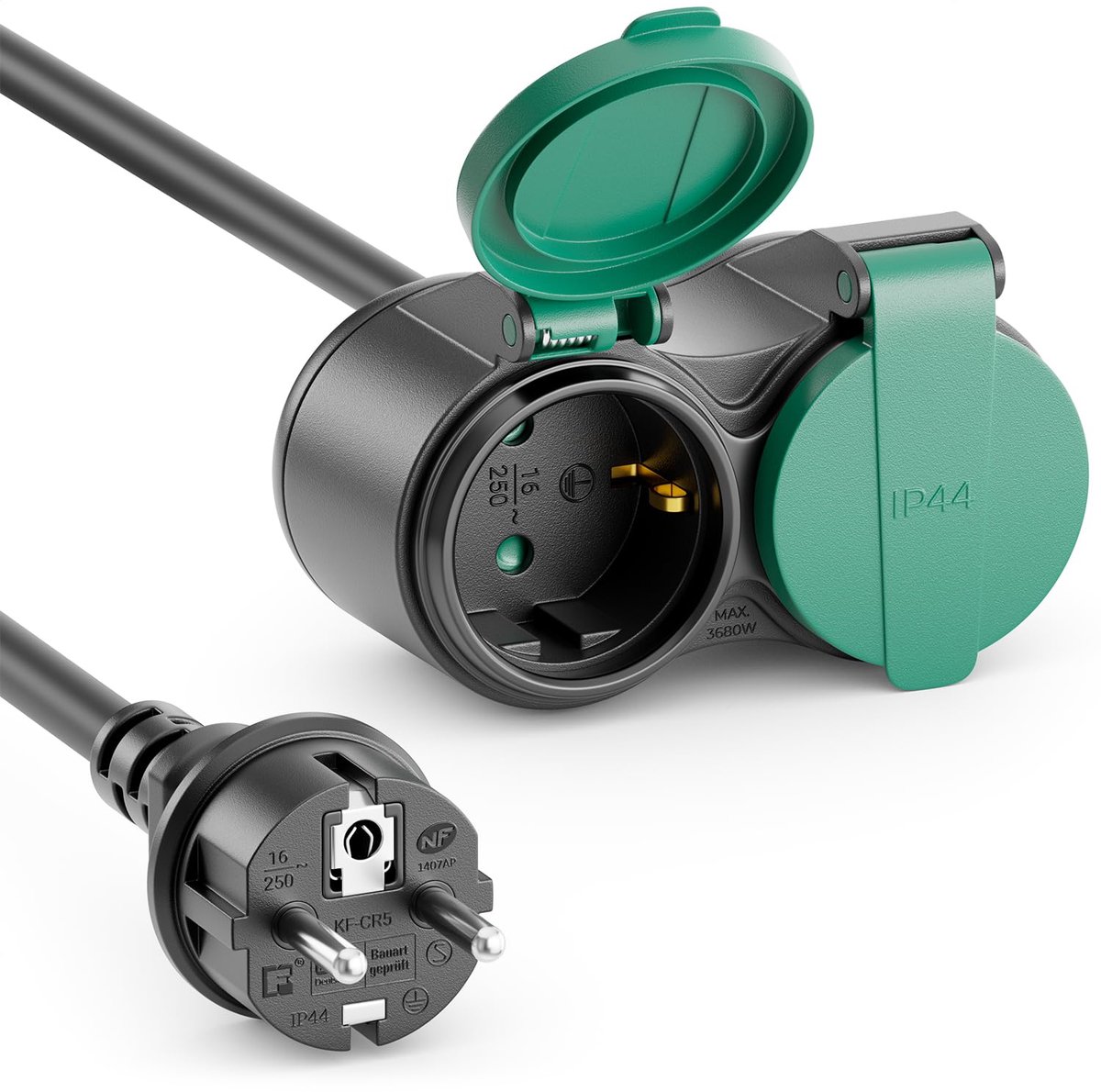Verlengkabel Buiten 3 m - IP44 Rubber Kabel H07RN-F 3G1,5mm² met 2 Stopcontacten - Weerbestendige Stroomkabel voor Buiten