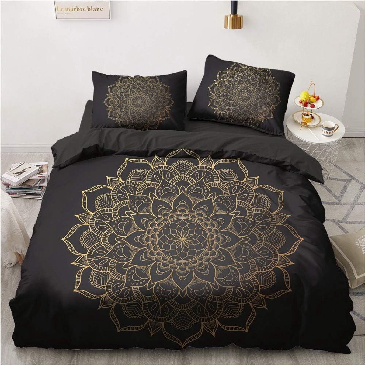Dekbedovertrek 155 x 220 cm - Microfibre - Zwart Goud Mandala Patroon - Gezellig en stijlvol slapen - ShopVlot