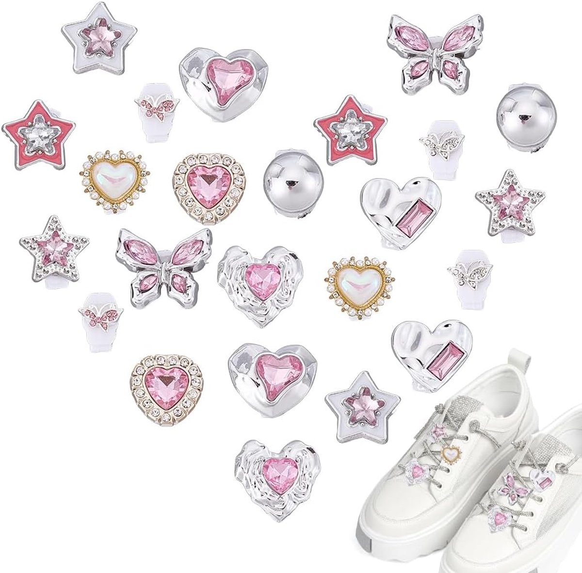 Schoenveters labels charms - 24 stuks - kunststof en legering - schattige versiering - perfect voor feestjes - ShopVlot