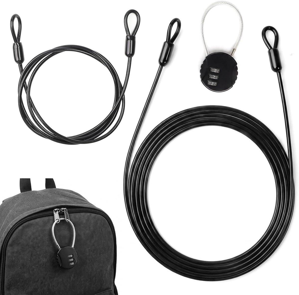 Stalen kabels met ogen 2 m x 4 mm, 1 m x 3 mm - gegalvaniseerd - met cijferslot - voor veilig afsluiten - ShopVlot