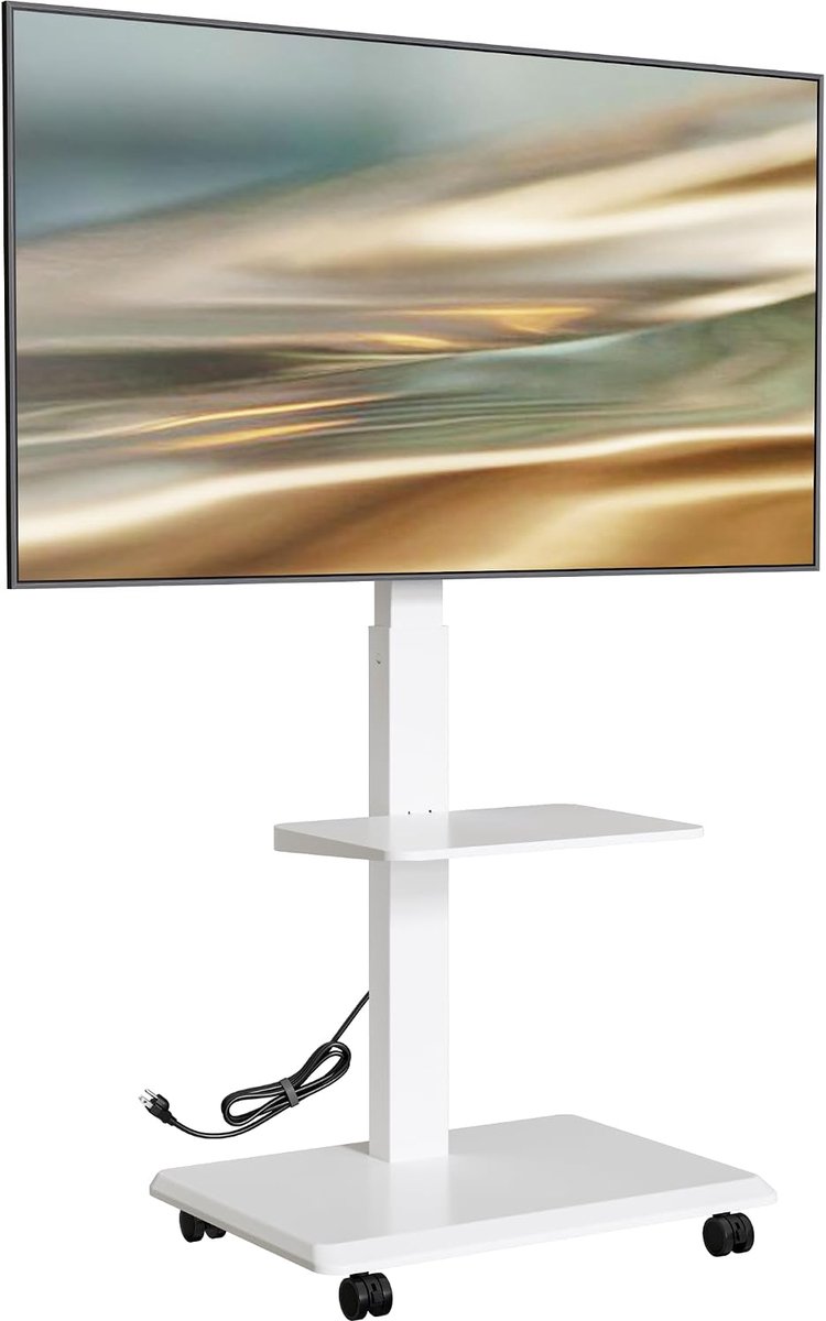 TV standaard oprolbaar 37-75 inch - wit - in hoogte verstelbaar - met stopcontact en kabelbeheer - ShopVlot