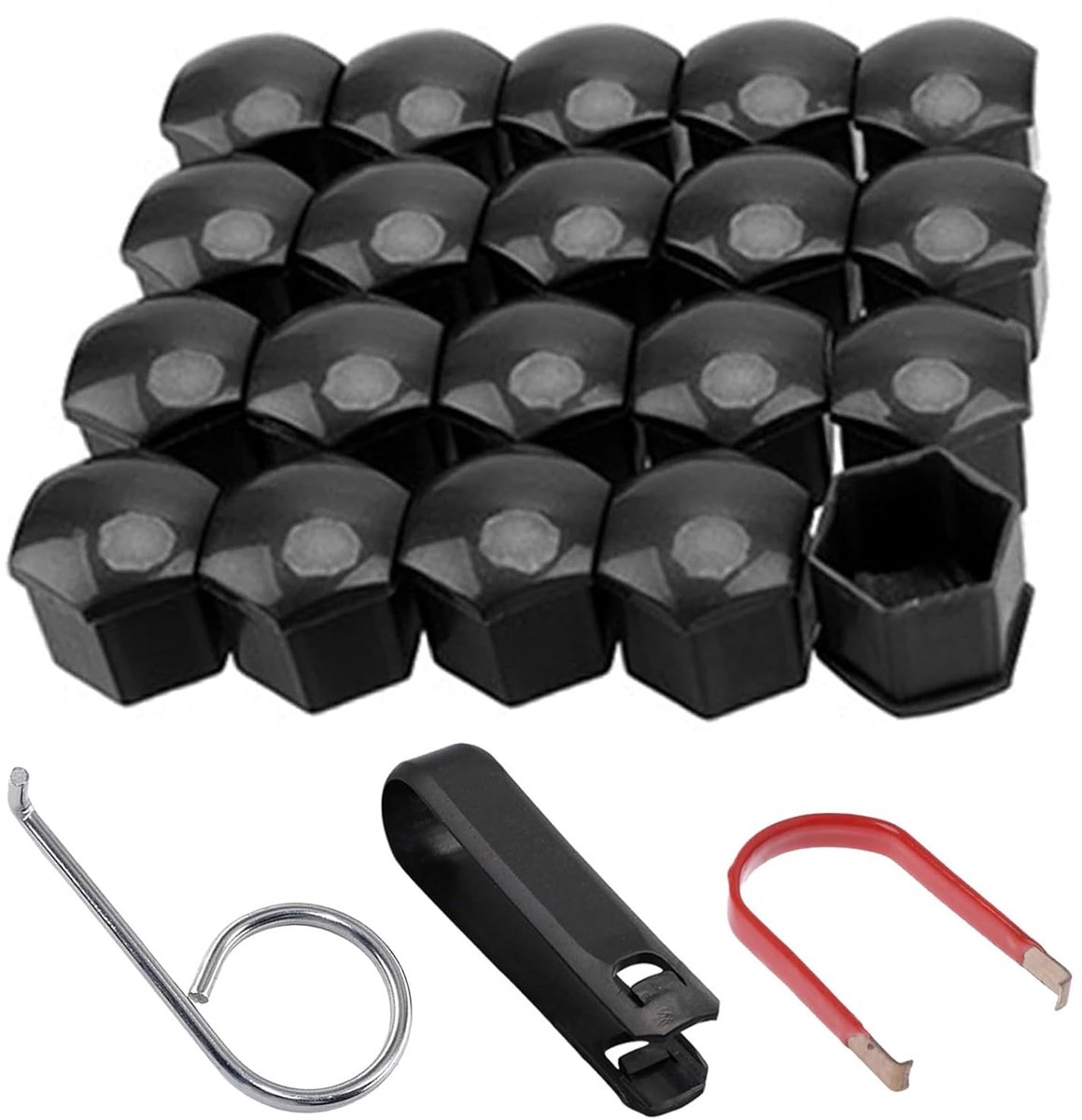 SnelShoppen - Pack van 20 Zwarte 17mm Wielmoerkappen met Verwijdertool (21mm) - Duurzaam en Beschermend voor Auto's