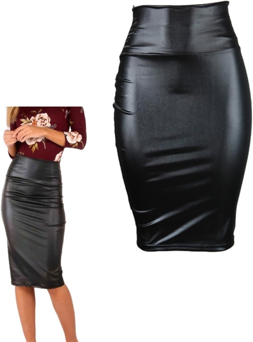 Pencilrok Dames Hoog Taille - Faux Leer - Midi Lengte - Perfect voor Op Kantoor - ShopVlot