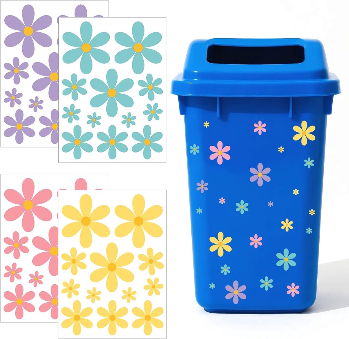 Wheelie Bin Stickers Daisy Stickers - 4 Bladen Waterdichte Bloemenstickers - Decoratief voor Binnen en Buiten - ShopVlot
