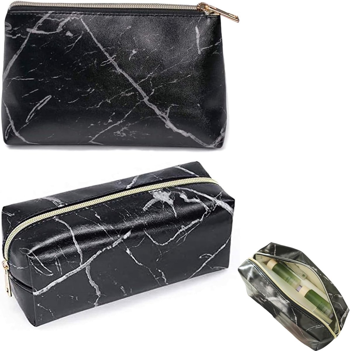 Cosmetic makeup bag 2 stuk zwart marmer - PU leer - waterdicht - perfect voor reizen - ShopVlot