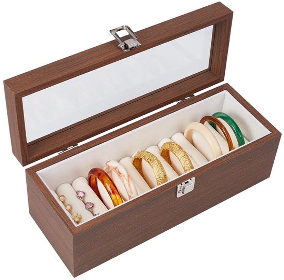 Opbergdoos voor houten ringen, display met 12 sleuven voor armbanden met binnenkant van fluweel, zichtbare raamdeksel, opbergdoos voor armbanden, sieraden, 32,5 x 12 x 12 cm