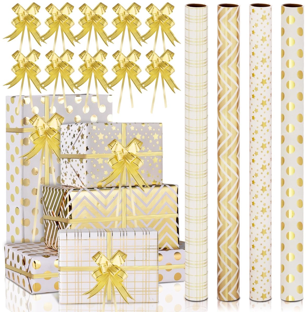 Solidchoice - Set van 4 Metallic Cadeaupapier Rollen met Ribbons