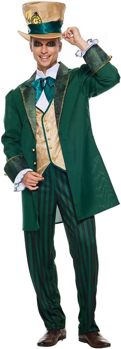 EraSpooky Adult Men The Hatter Costume Mad Tea Party Halloween Cosplay Outfits with Top Hat - ShopVlot
