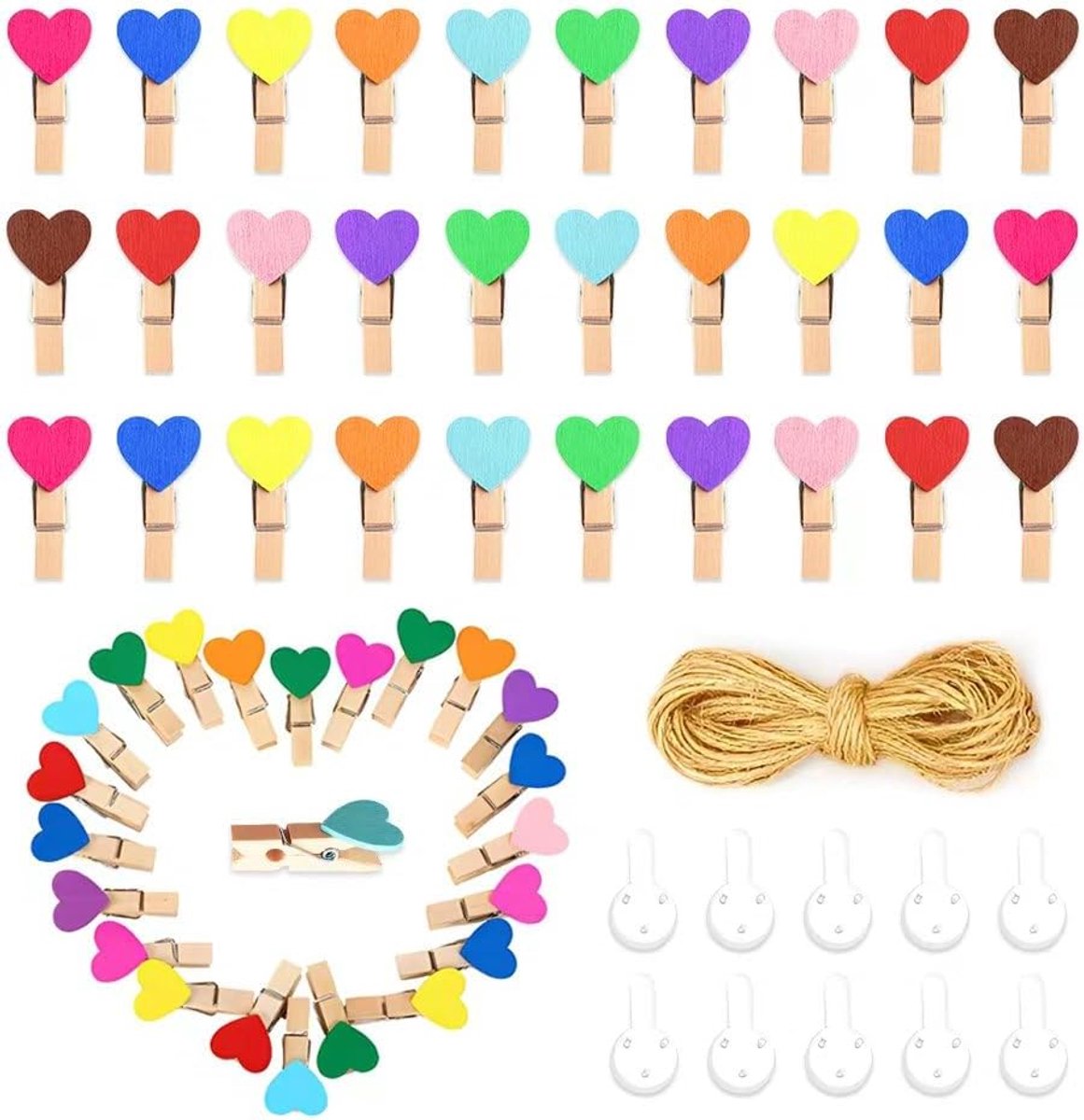 Houten mini knijpers 100 stuks - kleurrijke clips - hart en ster vorm - voor het ophangen van foto's - ShopVlot