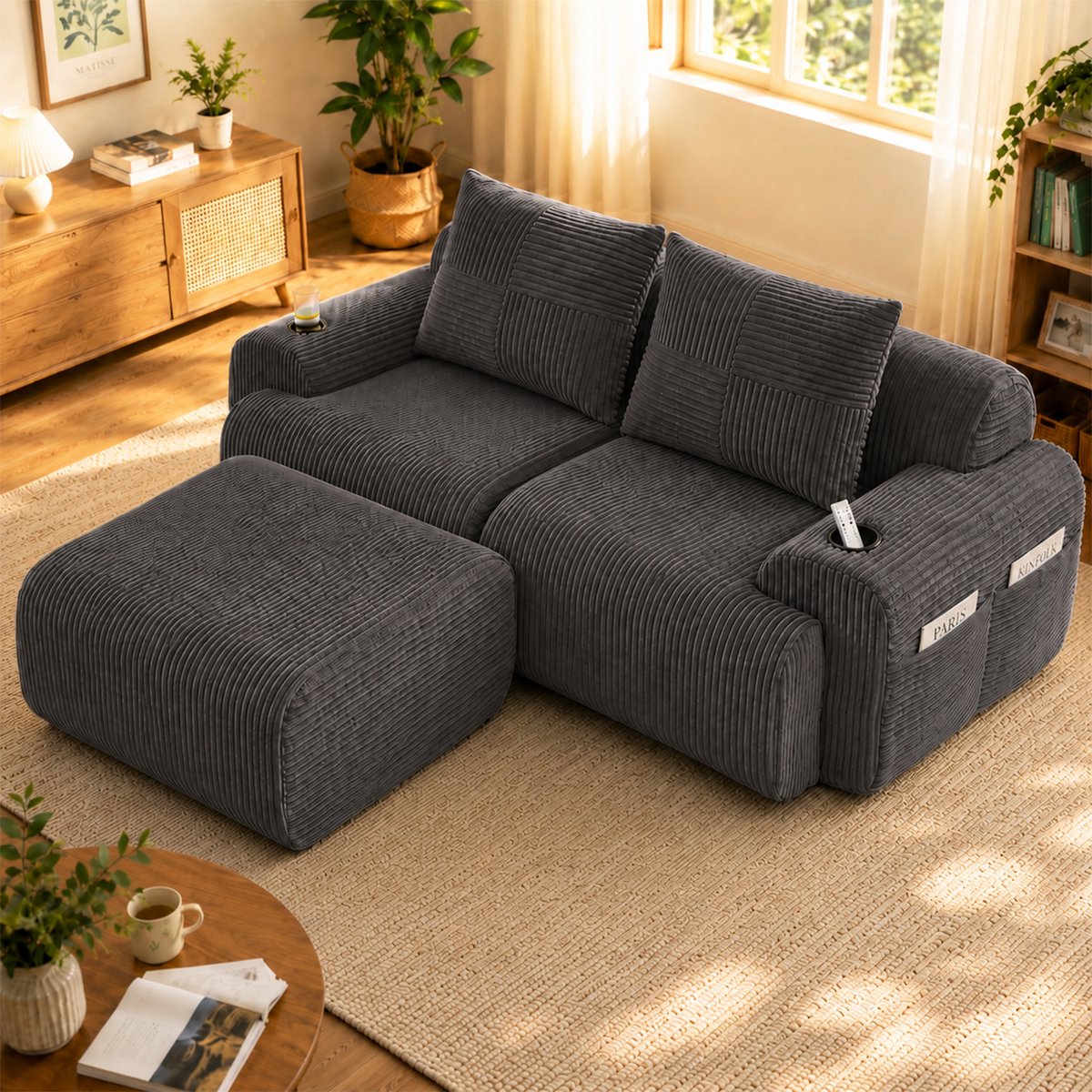 DESMIU Bank Set 200 x 174 cm - Modulair Met Hocker, Bekerhouder En Opbergvak - Voor Woonkamer En Lounge - Cord Donkergrijs