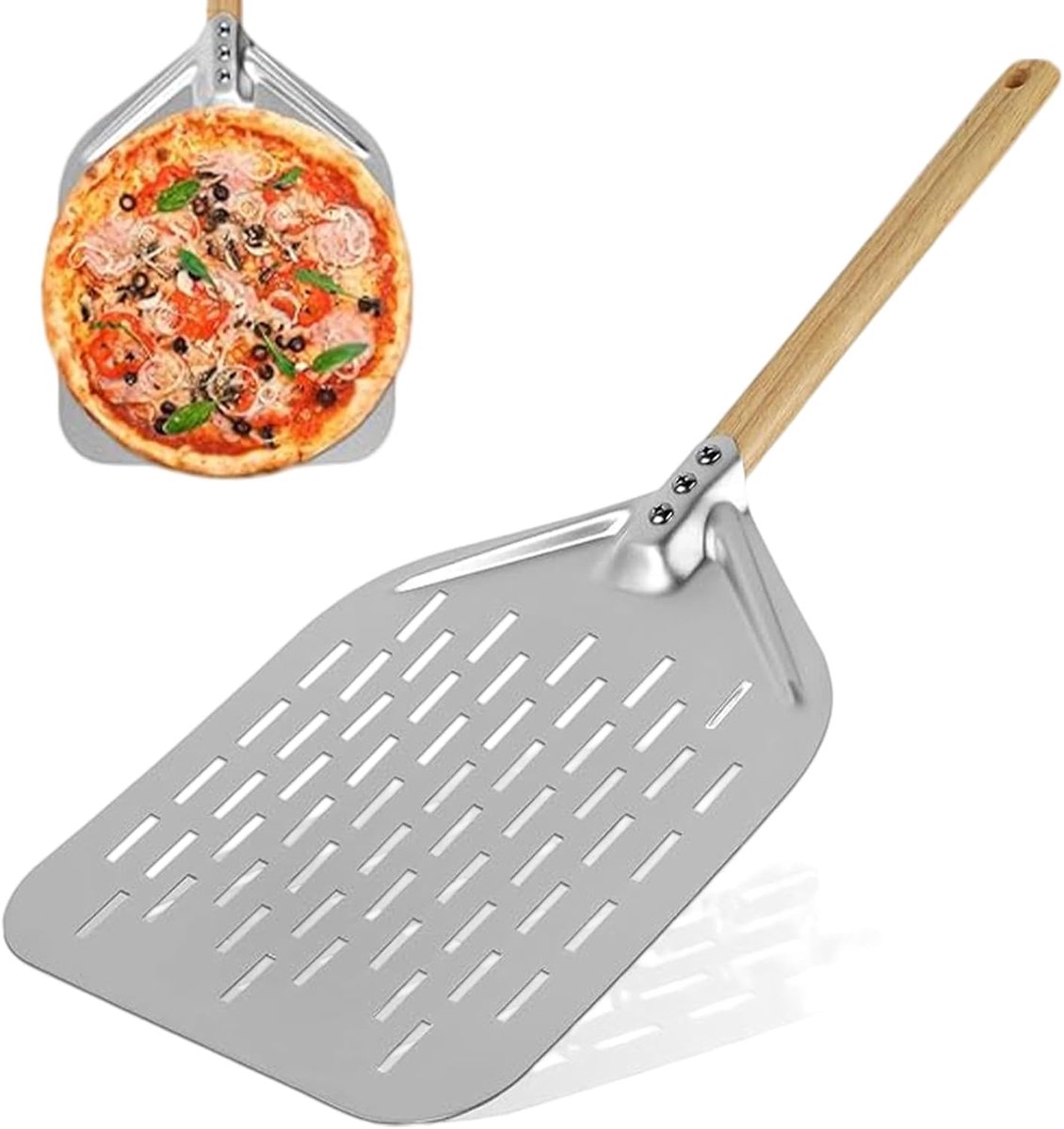 Pizzaschep 12 inch - geperforeerd aluminium - groot oppervlak - eenvoudig pizza's opnemen - ShopVlot