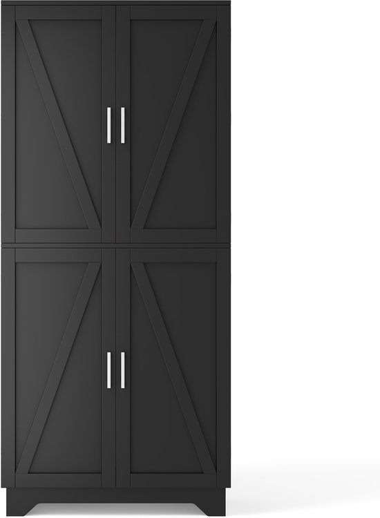 Zwarte voorraadkast met vier deuren met schuurdeur-design en zilveren handgrepen.