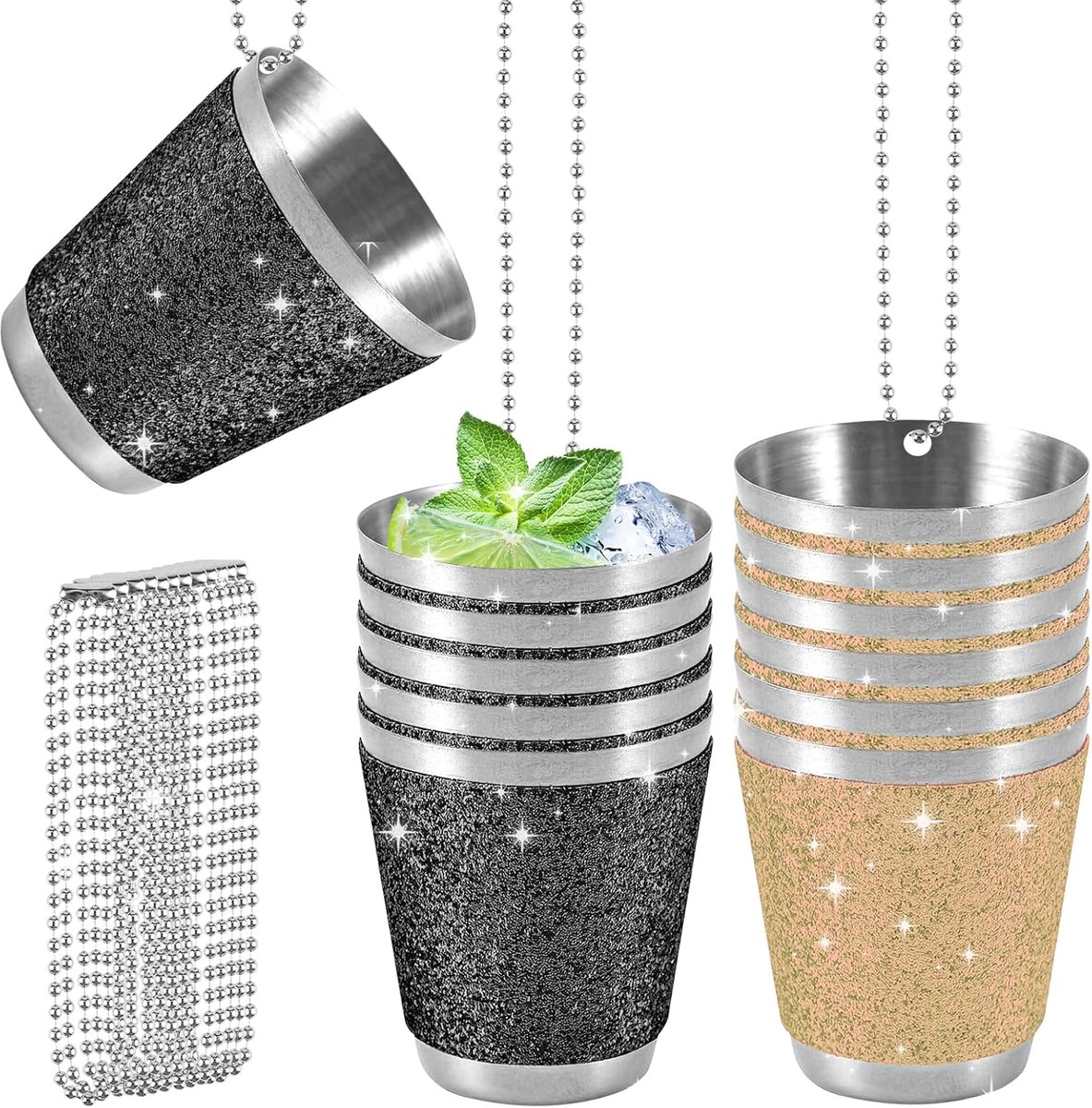 Shotglazen 30 ml - RVS met ketting - 12 stuks in geel en zwart - Perfect voor feesten - ShopVlot