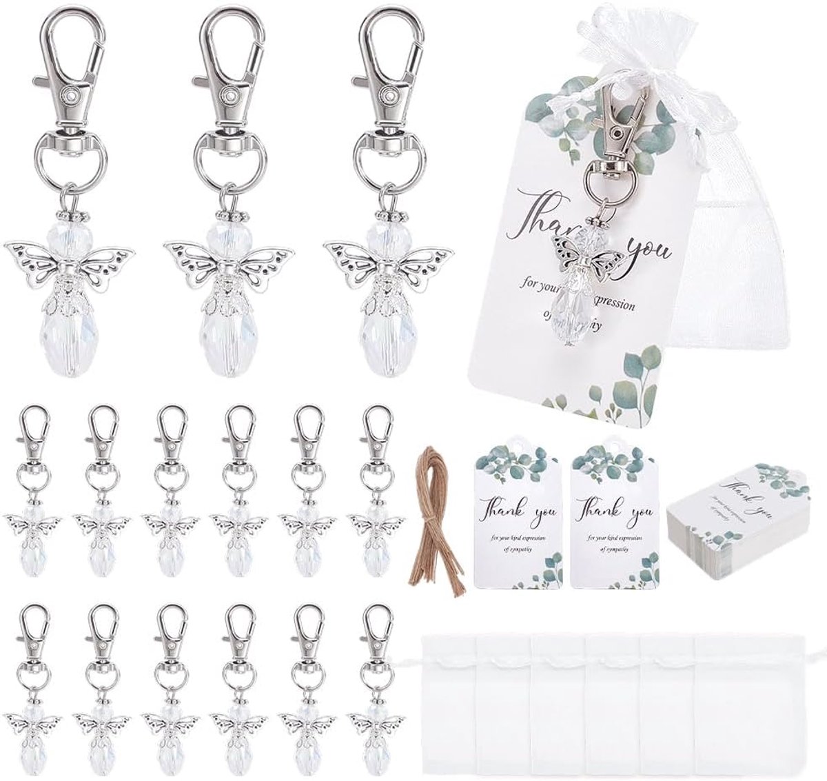 Begrafenis gunsten 100 sets - Engel sleutelhangers - Organza zakken - Bedankt kaarten voor herdenkingsfeest - ShopVlot